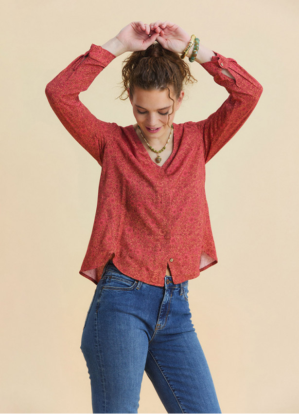 V Neck Button Down Blouse with Coral Flowers 4993
