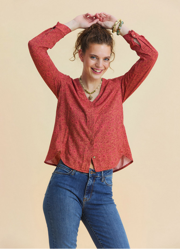 V Neck Button Down Blouse with Coral Flowers 4993