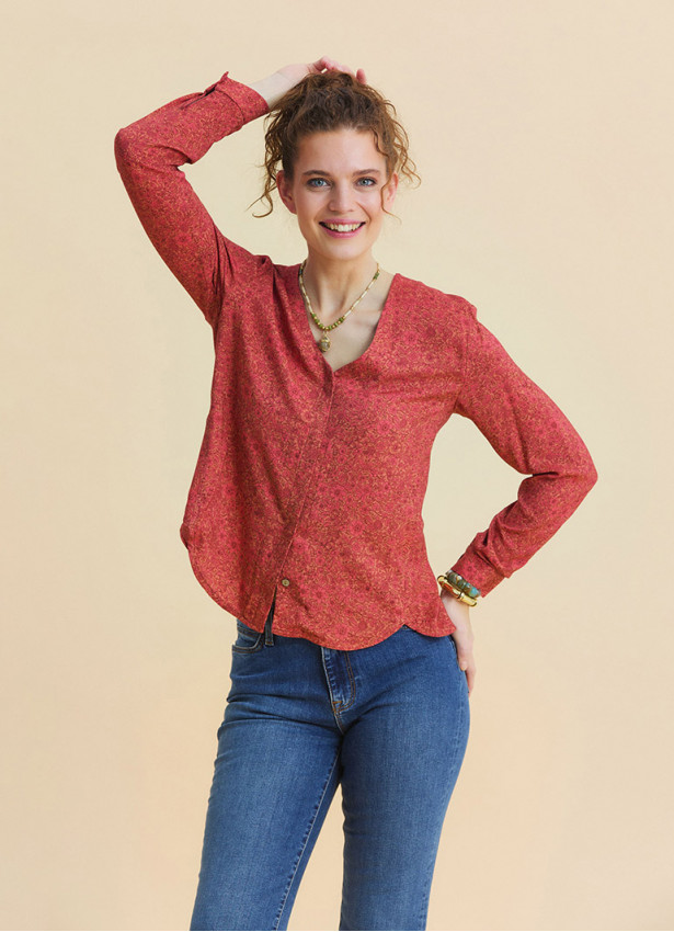 V Neck Button Down Blouse with Coral Flowers 4993
