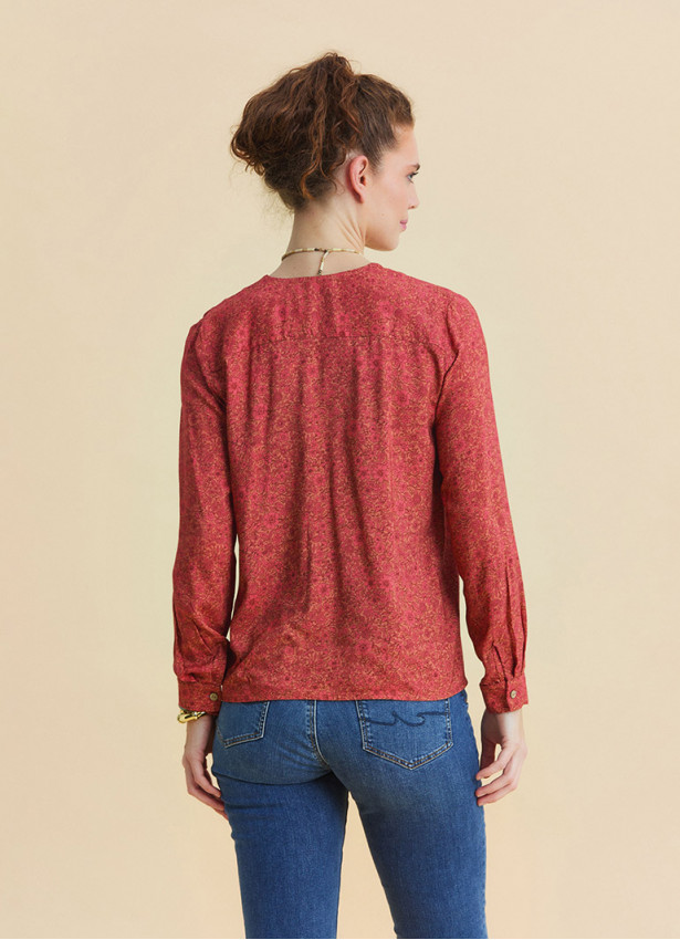 V Neck Button Down Blouse with Coral Flowers 4993