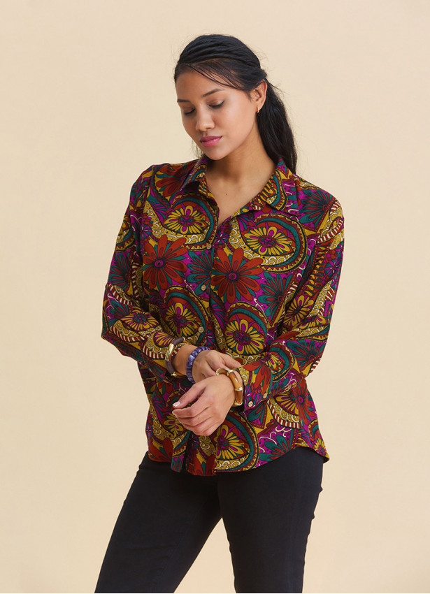 Long Sleeve Blouse with Shirt Collar and Buttons, Majorca Print  4928
