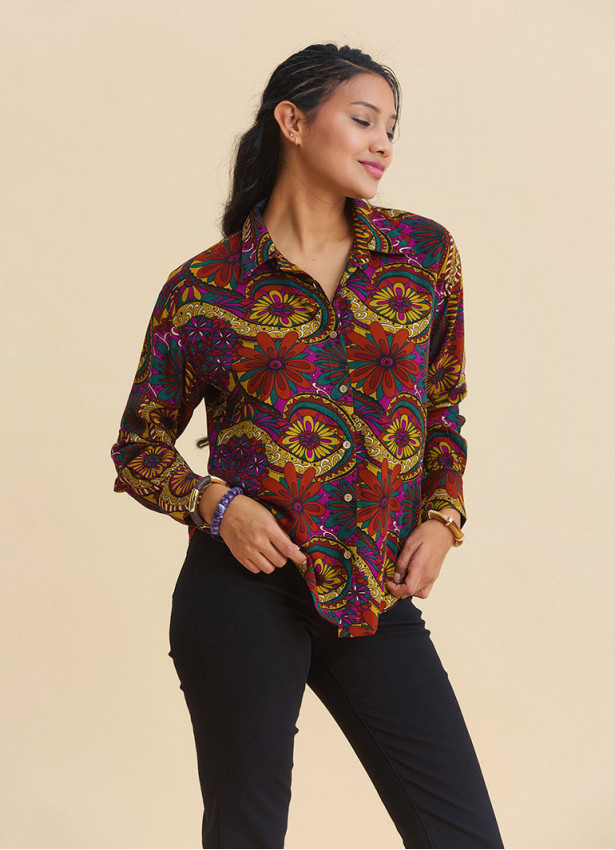 Long Sleeve Blouse with Shirt Collar and Buttons, Majorca Print  4928