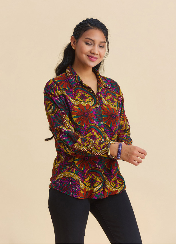 Long Sleeve Blouse with Shirt Collar and Buttons, Majorca Print  4928
