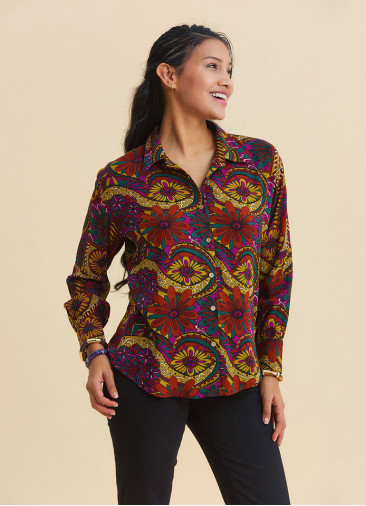 Long Sleeve Blouse with Shirt Collar and Buttons, Majorca Print  4928
