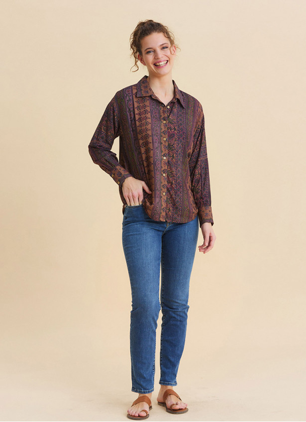 Ethnic Blouse with Shirt Collar and Buttons, Elba Print 4929