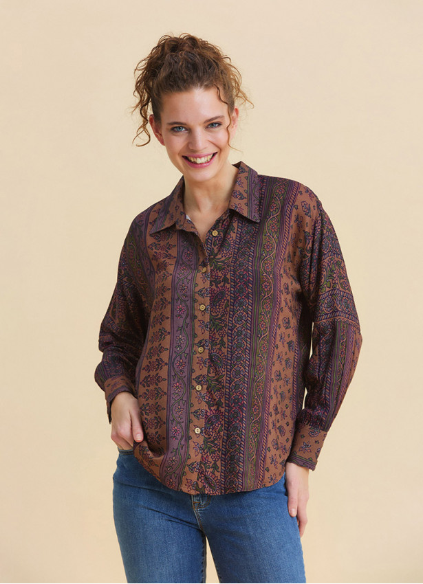 Ethnic Blouse with Shirt Collar and Buttons, Elba Print 4929