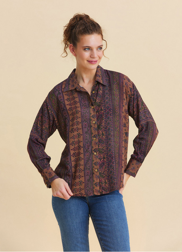 Ethnic Blouse with Shirt Collar and Buttons, Elba Print 4929
