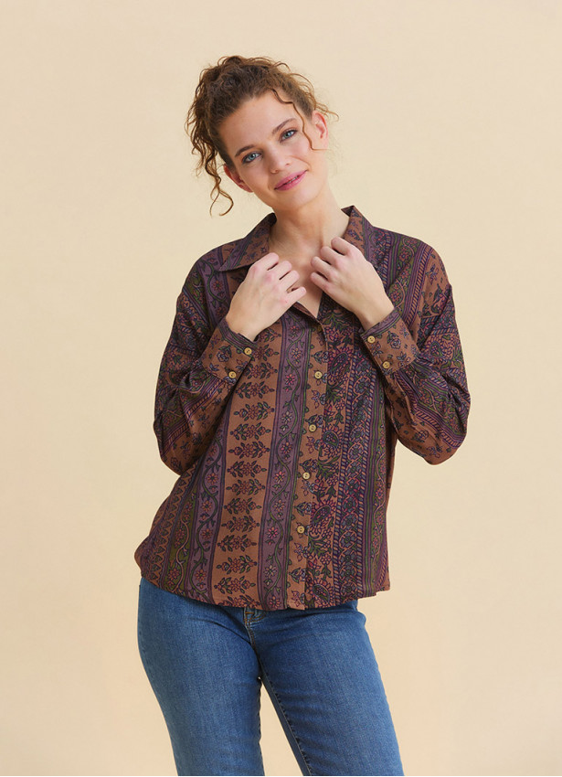 Ethnic Blouse with Shirt Collar and Buttons, Elba Print 4929