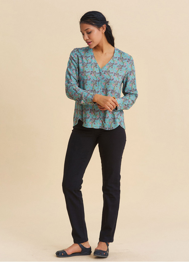V Neck Button Down Blouse with Mint Flowers  4992