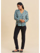V Neck Button Down Blouse with Mint Flowers  4992