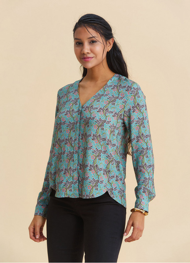 V Neck Button Down Blouse with Mint Flowers  4992