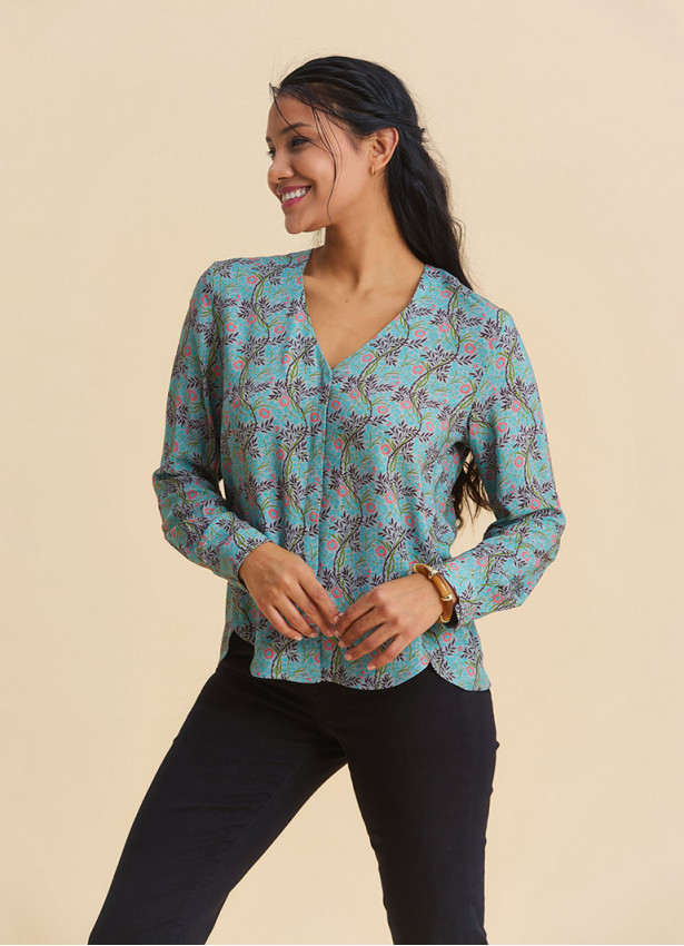 V Neck Button Down Blouse with Mint Flowers  4992