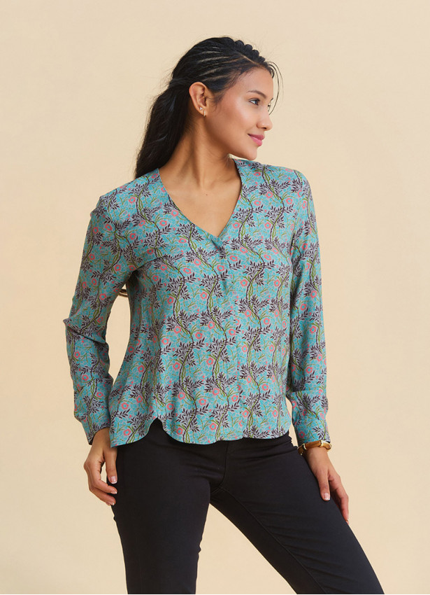 V Neck Button Down Blouse with Mint Flowers  4992