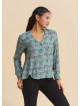 V Neck Button Down Blouse with Mint Flowers  4992