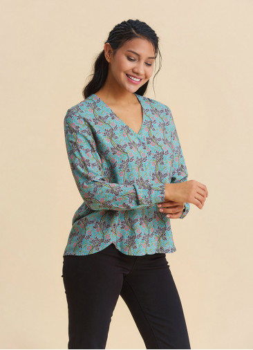 V Neck Button Down Blouse with Mint Flowers  4992