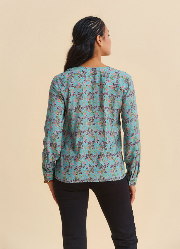 V Neck Button Down Blouse with Mint Flowers  4992