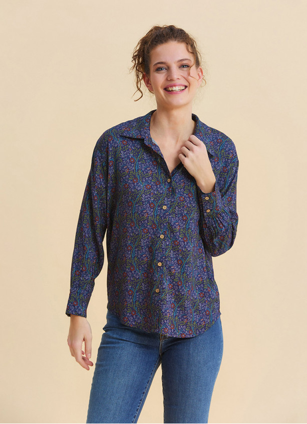 Neck Buttoned Navy Floral Blouse 4931