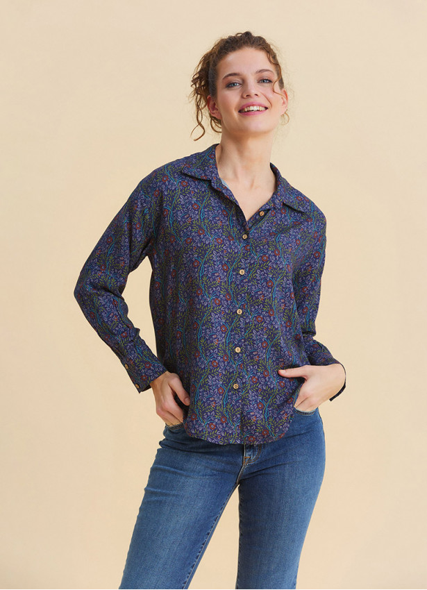 Neck Buttoned Navy Floral Blouse 4931