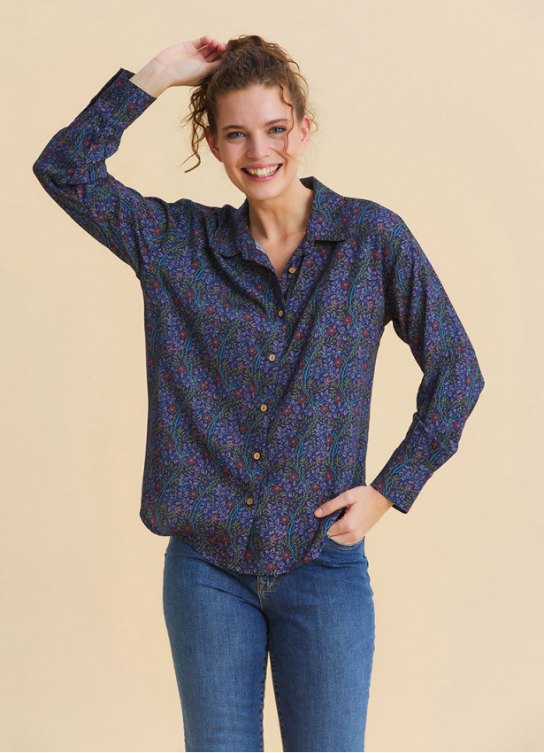 Neck Buttoned Navy Floral Blouse 4931