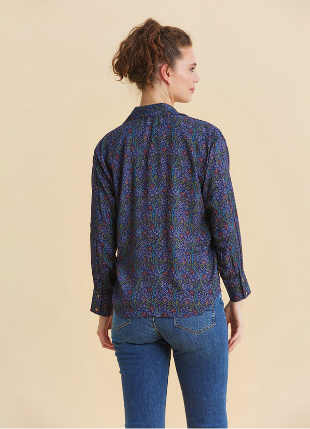 Neck Buttoned Navy Floral Blouse 4931