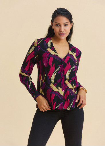 V Neck Button Down Fuchsia Long Sleeve Blouse 4990