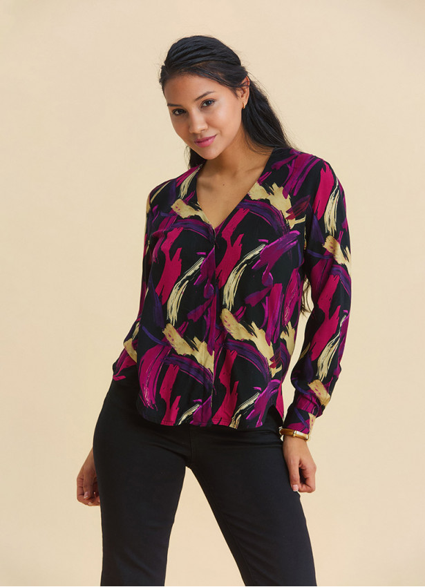 V Neck Button Down Fuchsia Long Sleeve Blouse 4990