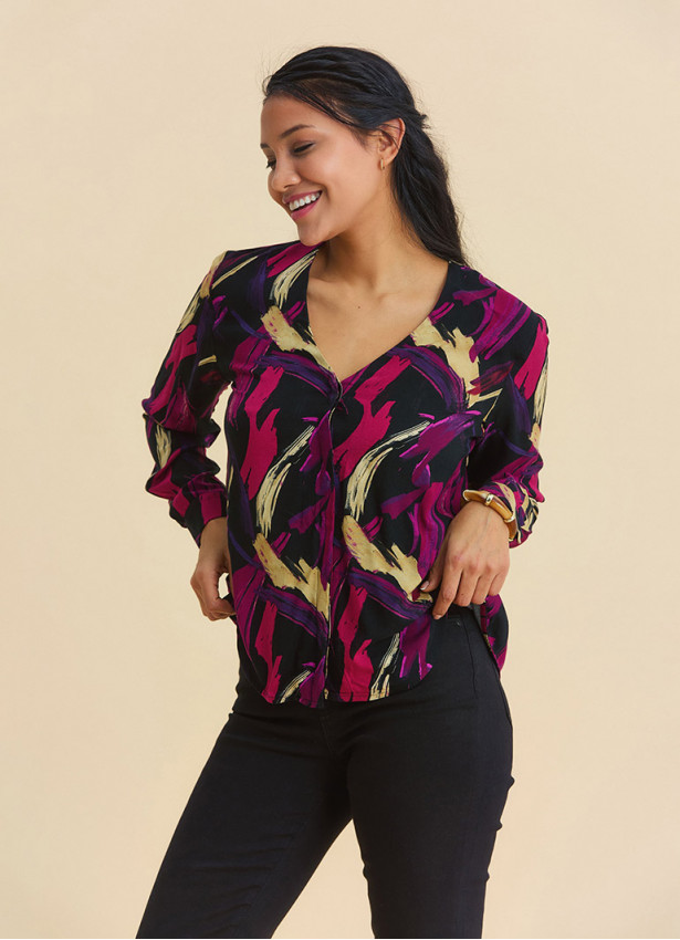 V Neck Button Down Fuchsia Long Sleeve Blouse 4990
