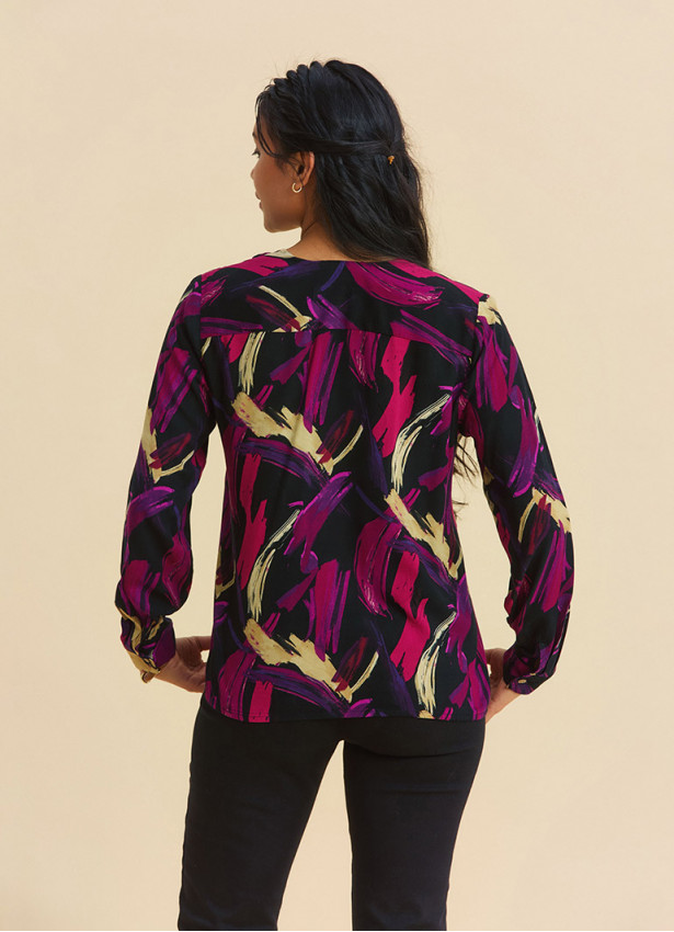 V Neck Button Down Fuchsia Long Sleeve Blouse 4990