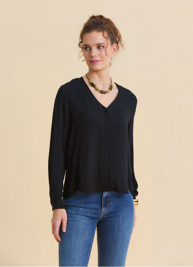Black Long Sleeve Blouse with a V Neck and Buttons  4991