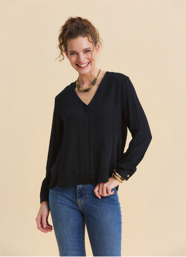 Black Long Sleeve Blouse with a V Neck and Buttons  4991