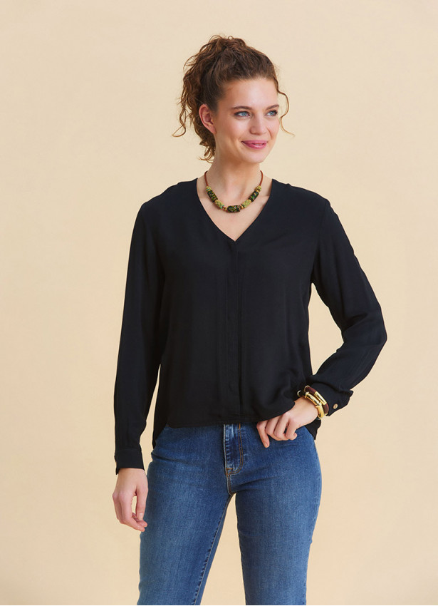 Black Long Sleeve Blouse with a V Neck and Buttons  4991
