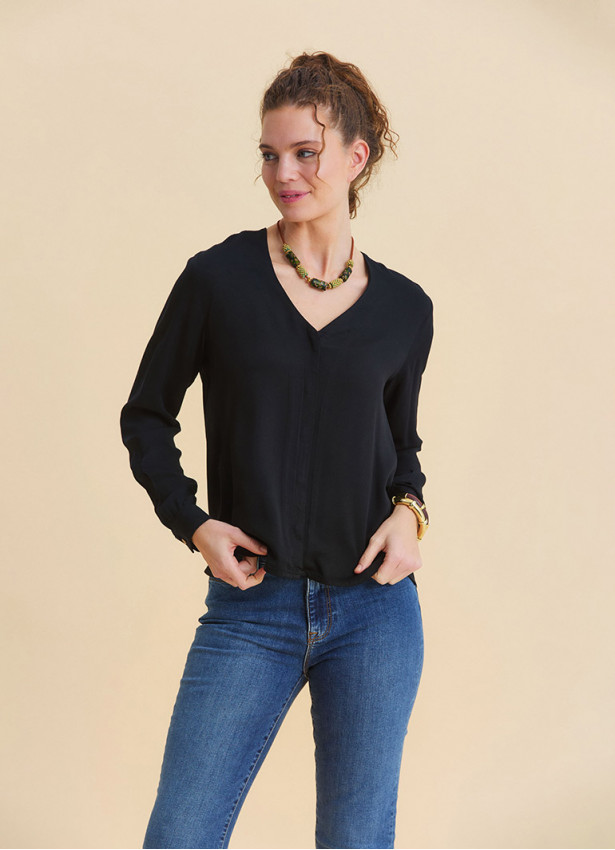 Black Long Sleeve Blouse with a V Neck and Buttons  4991