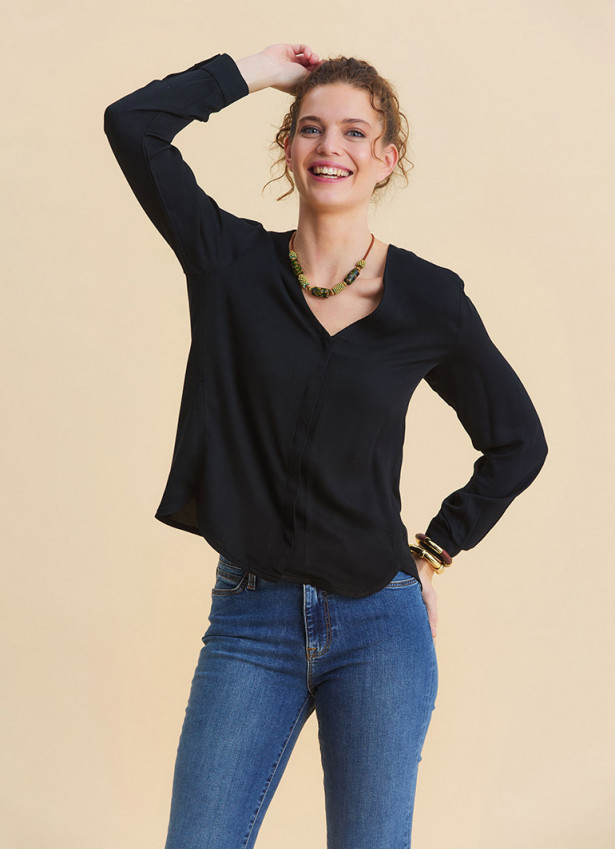 Black Long Sleeve Blouse with a V Neck and Buttons  4991