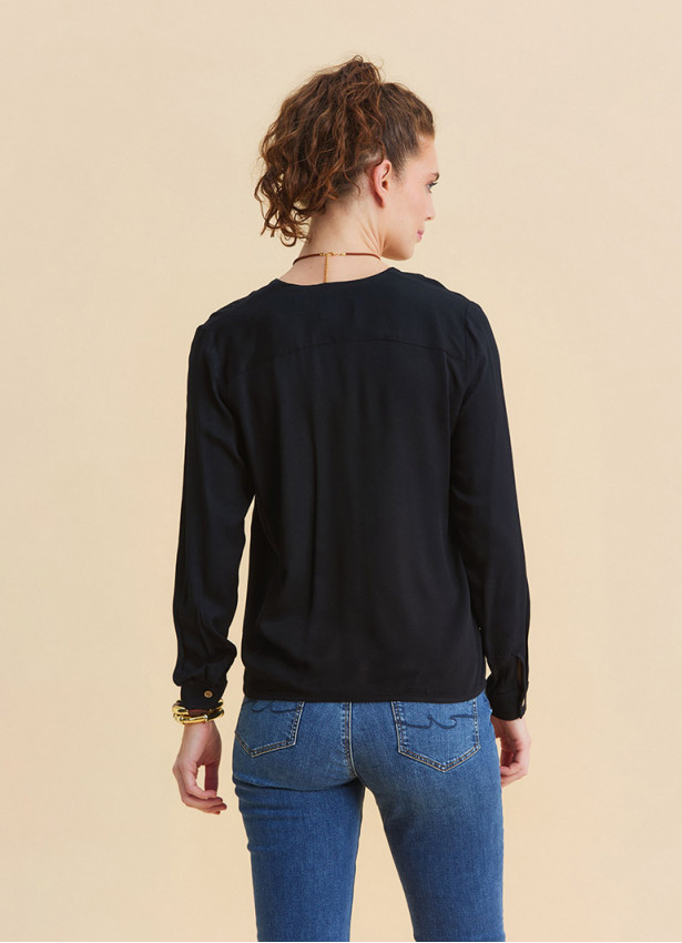Black Long Sleeve Blouse with a V Neck and Buttons  4991