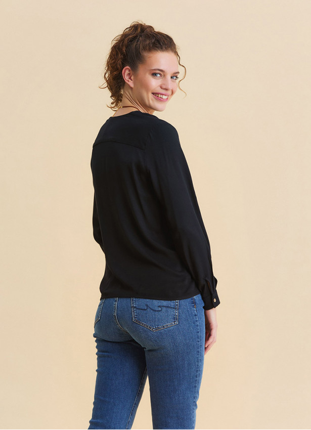 Black Long Sleeve Blouse with a V Neck and Buttons  4991