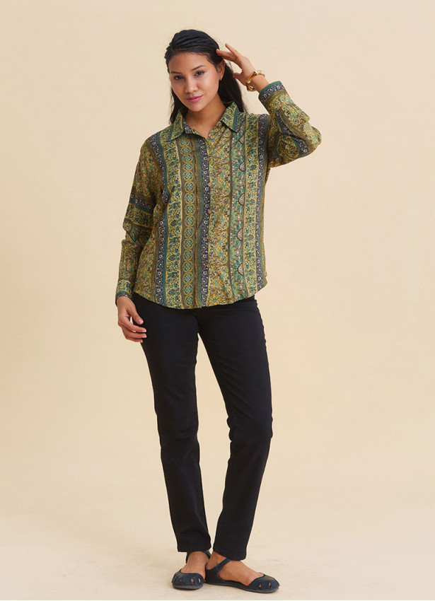 Mustard Colored Floral Blouse with Button Down Collar 4930