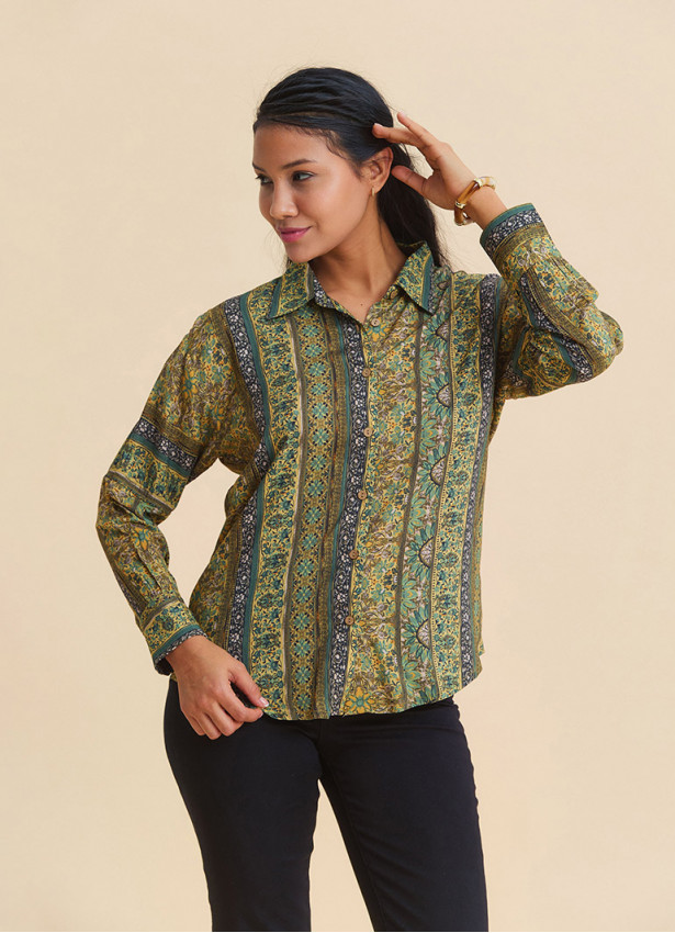 Mustard Colored Floral Blouse with Button Down Collar 4930
