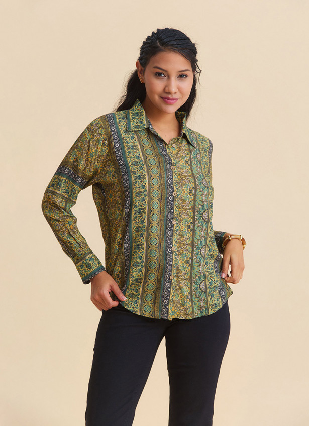 Mustard Colored Floral Blouse with Button Down Collar 4930