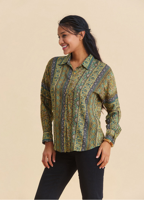 Mustard Colored Floral Blouse with Button Down Collar 4930