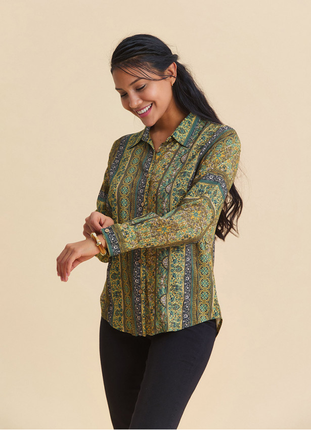 Mustard Colored Floral Blouse with Button Down Collar 4930