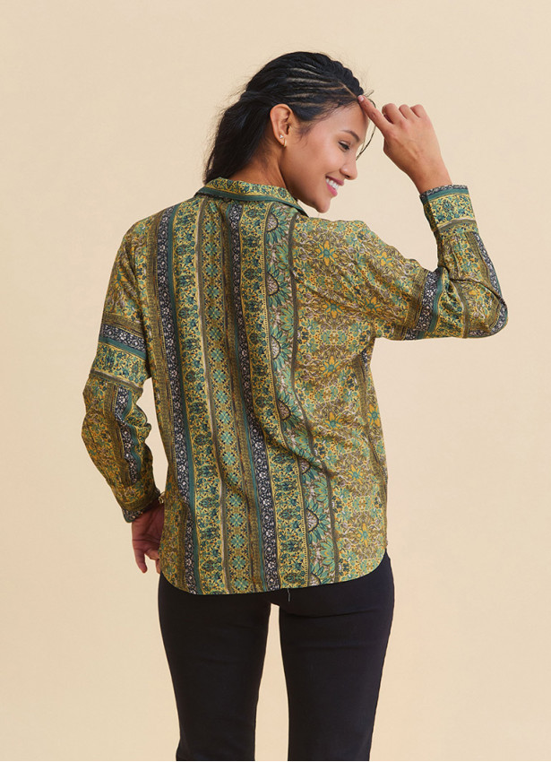 Mustard Colored Floral Blouse with Button Down Collar 4930