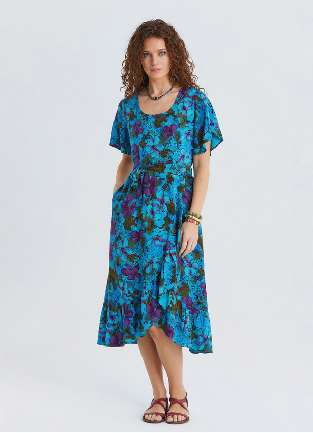 U Neck Double Breasted Ruffled Blue Floral Dress 4949