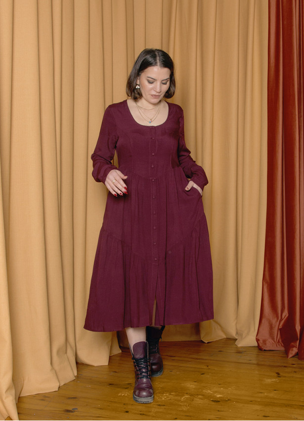 Crew Neck Button Detailed Burgundy Long Sleeve Dress 4791