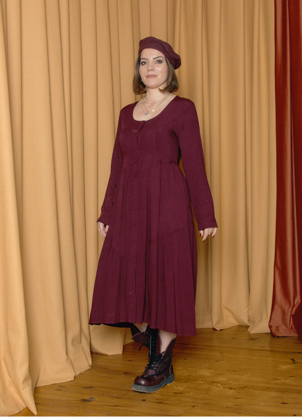 Crew Neck Button Detailed Burgundy Long Sleeve Dress 4791
