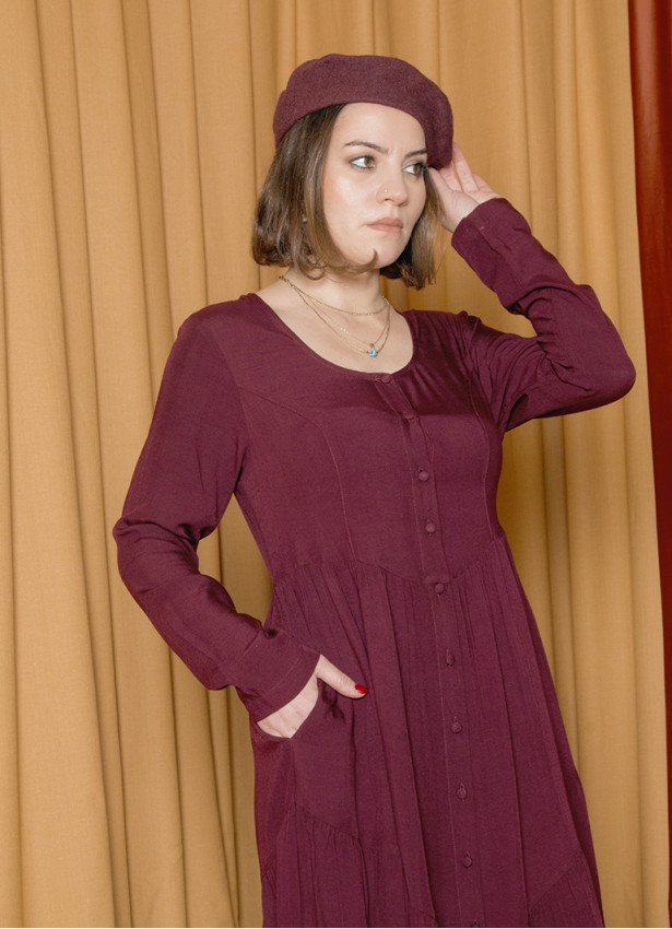 Crew Neck Button Detailed Burgundy Long Sleeve Dress 4791