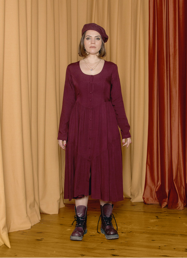 Crew Neck Button Detailed Burgundy Long Sleeve Dress 4791