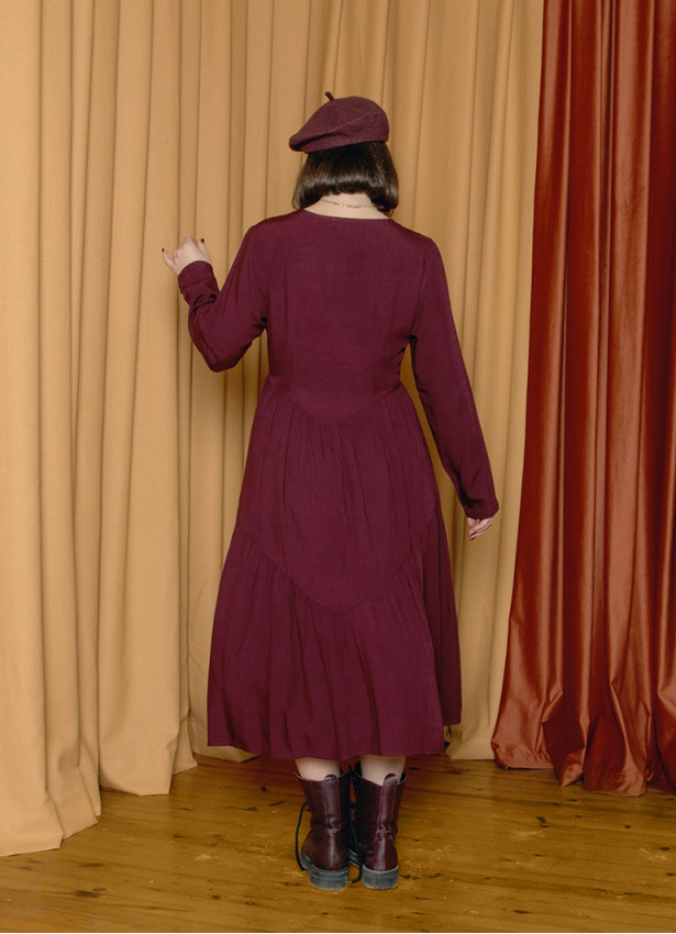 Crew Neck Button Detailed Burgundy Long Sleeve Dress 4791