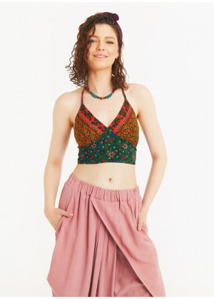 Gathered Tie Back Bust Cup Halter Flowers Crop Top