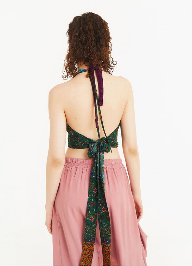 Gathered Tie Back Bust Cup Halter Flowers Crop Top