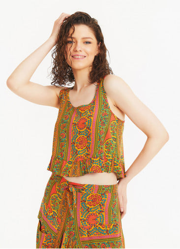 Orange Printed Loose Fit Wide Strap Crop Top